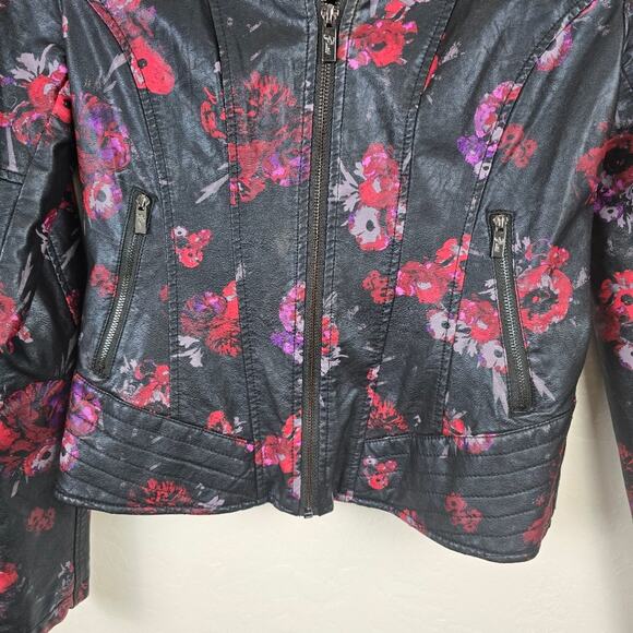 Guess Faux Leather Moto Jacket Black Rose Floral Biker Core Witchy Vamp Goth SP - Picture 8 of 11